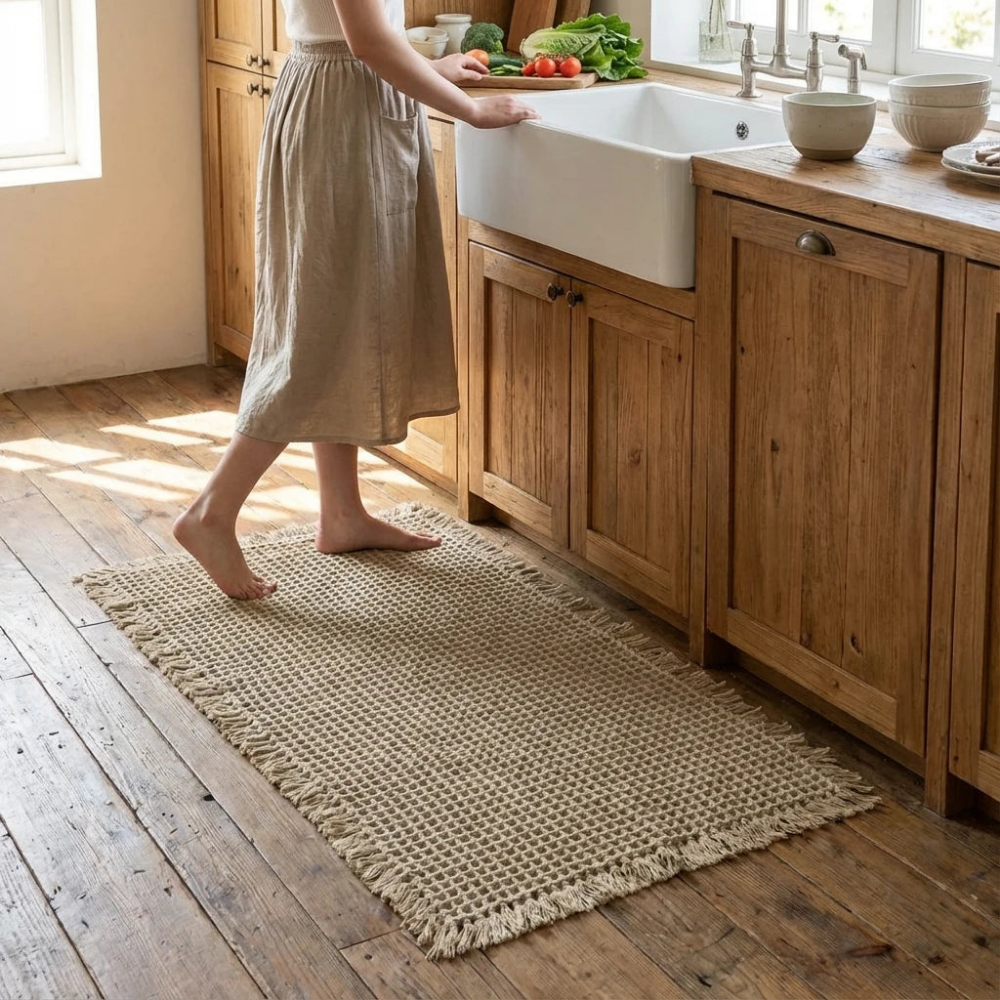 Beige waffle weave bath mat with fringed ends on a polished concrete floor in a pale oak kitchen, someone standing barefoot on it at the sink
