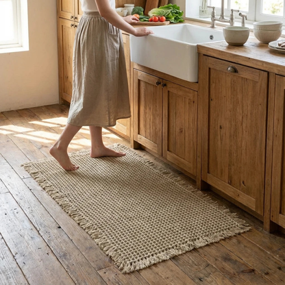 Beige waffle weave bath mat with fringed ends on a polished concrete floor in a pale oak kitchen, someone standing barefoot on it at the sink