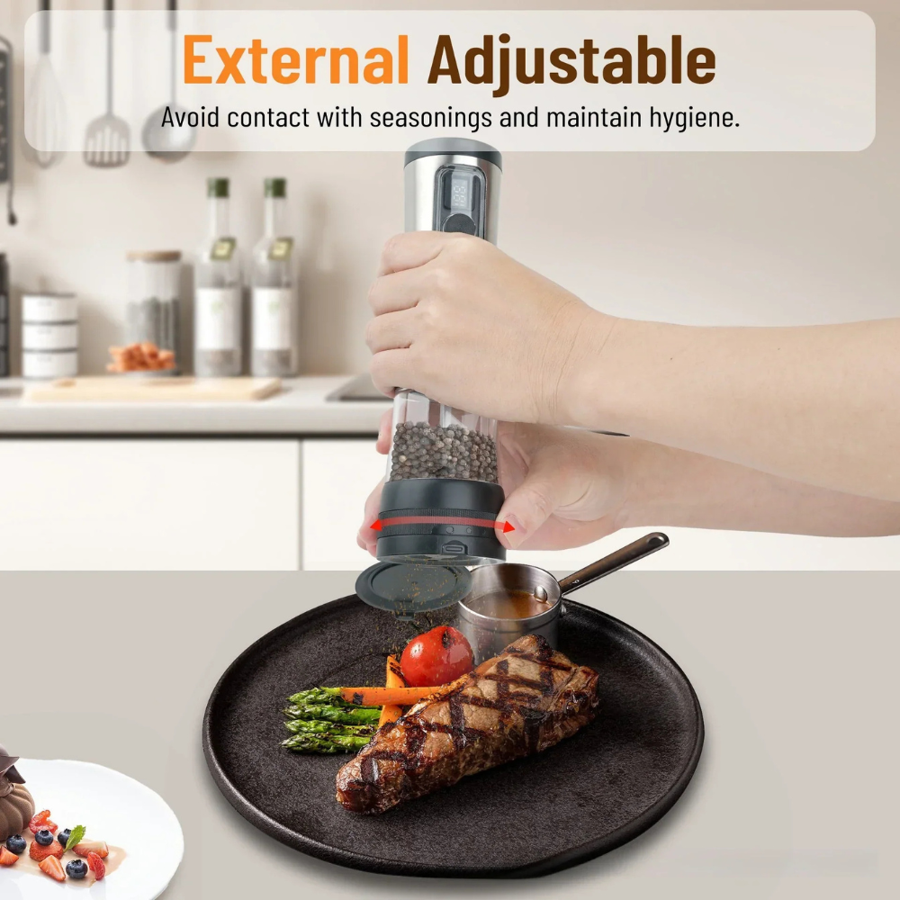 Salt & Pepper Shaker Set with Rechargeable Base and Adjustable Grind
