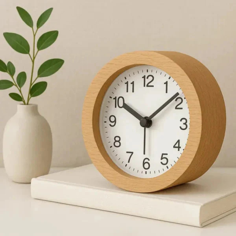 Analog Alarm Clock with Silent Quartz Movement and Solid Beech Wood Frame