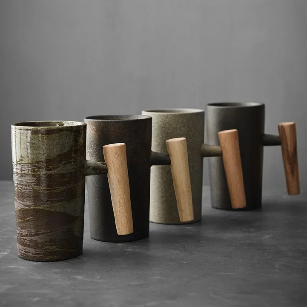 Ceramic Coffee Cup with Natural Wooden Handle - Japanese Style Mug