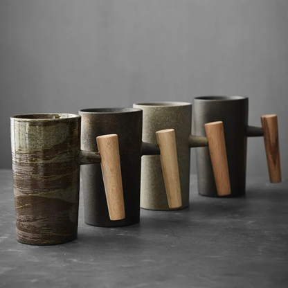 Ceramic Coffee Cup with Natural Wooden Handle - Japanese Style Mug