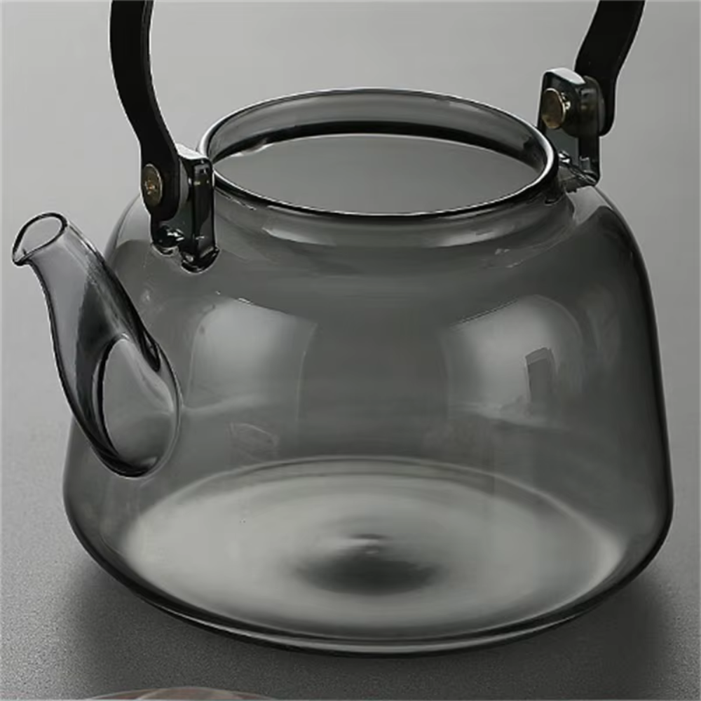 Gray Glass Filtration Teapot, Tea Kettle With Filter, Wooden Handle & Wooden Lid