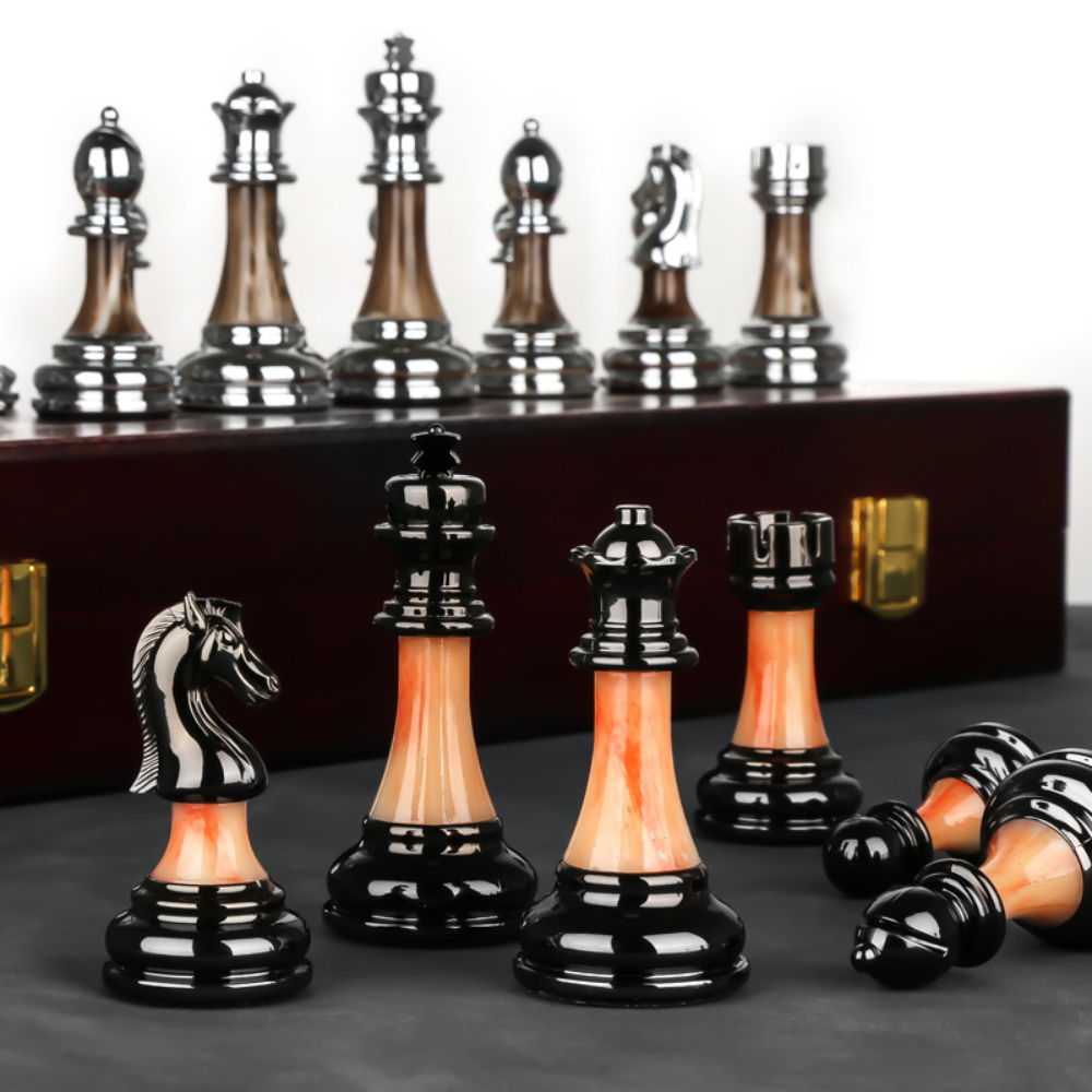 Wooden Chess Board - 45cm Large Foldable Set with Metal Pieces