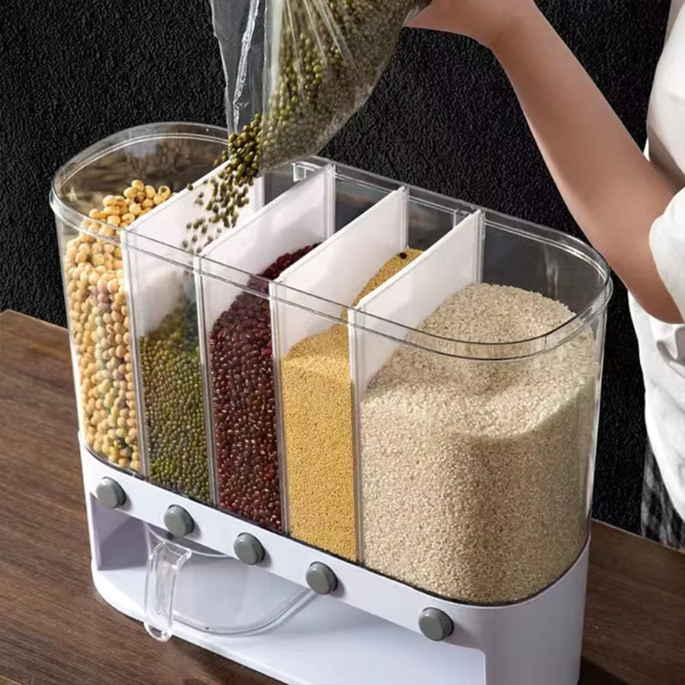 Multi-Compartment Airtight Grain Storage Container, Kitchen Dispenser Pantry Organiser