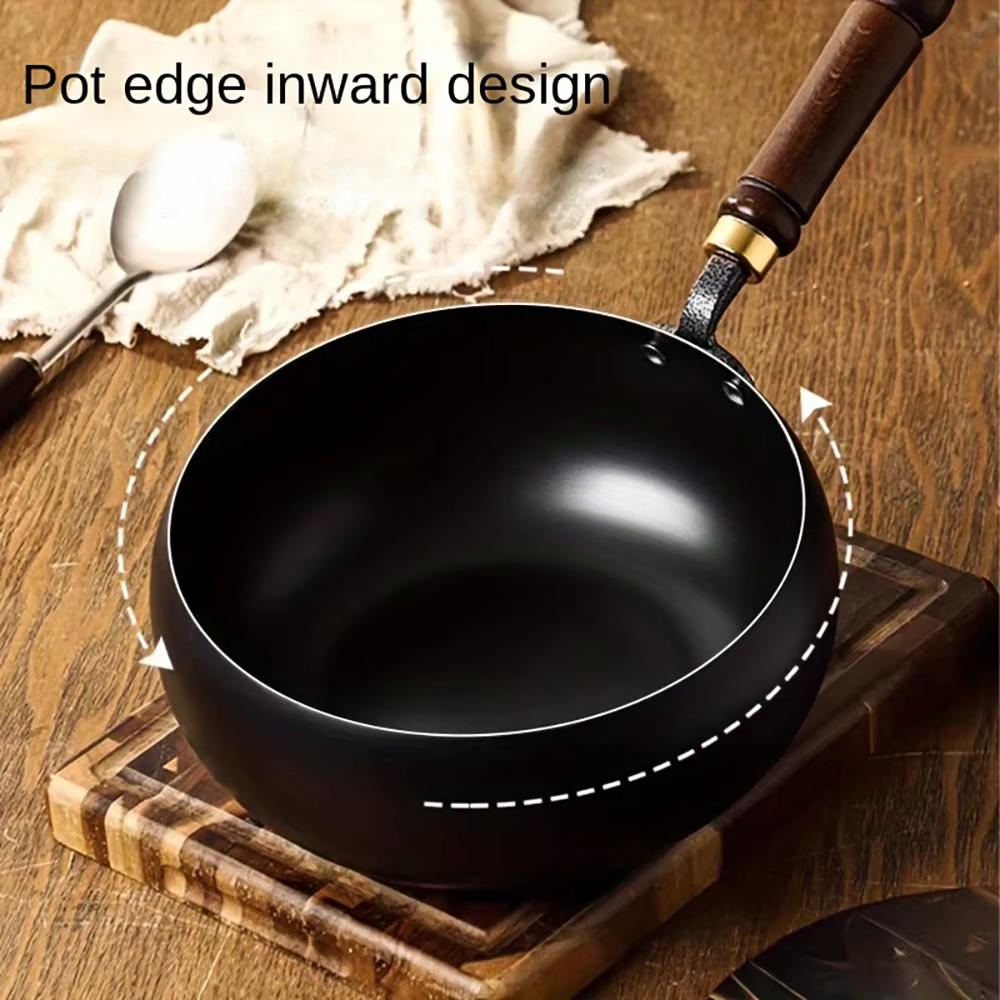 Refined Iron Big Pot Belly Uncoated Pan With Glass or Wooden Lid - Even Heat Frying Kitchen Cookware