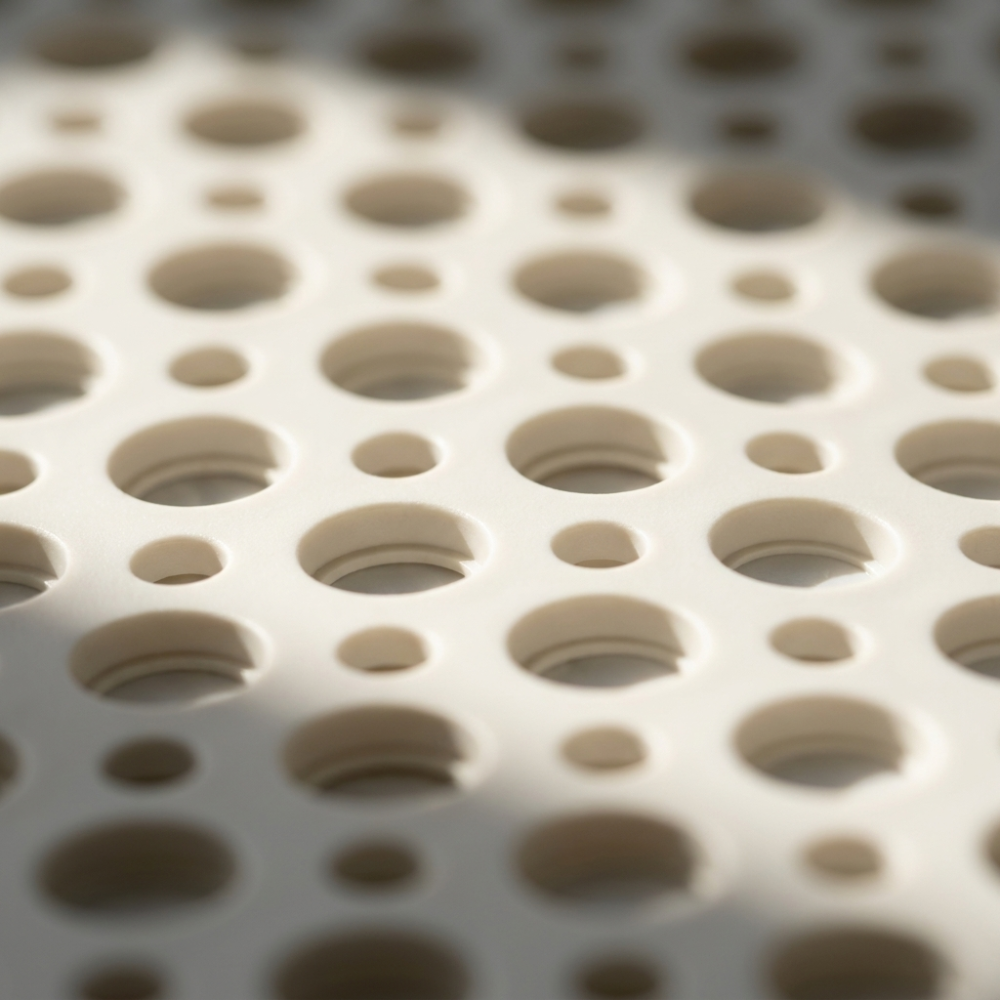 Close view of the beige shower mat surface showing the two sizes of drainage hole
