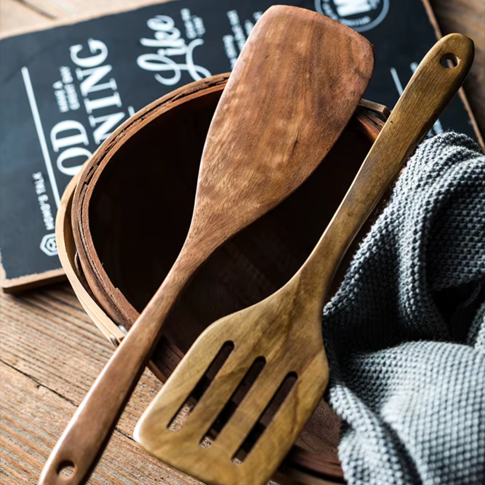 Kitchen Utensils with Holder - 9 Piece Teak Wood Cooking Spoon Set