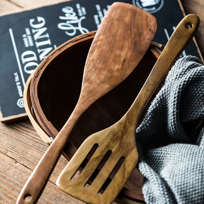 Kitchen Utensils with Holder - 9 Piece Teak Wood Cooking Spoon Set