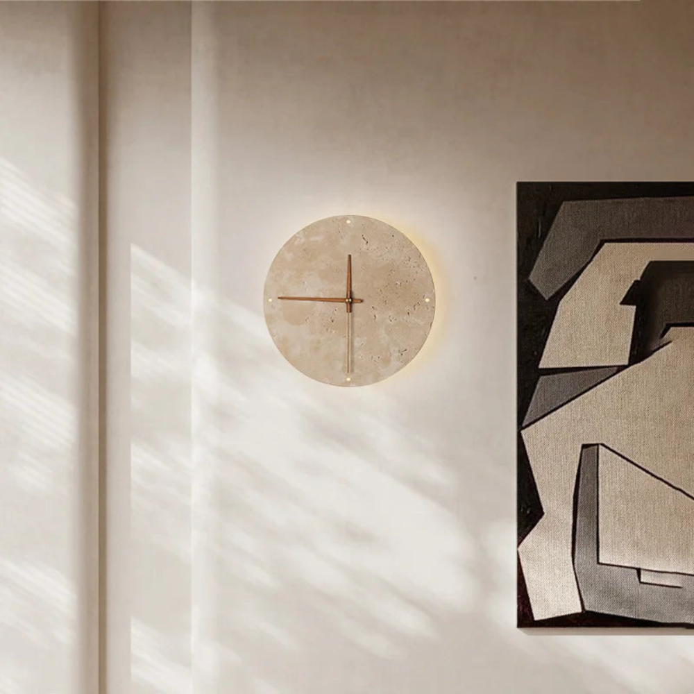 Modern Minimalist Wall Clock Travertine Natural Stone Backlit LED Sconce