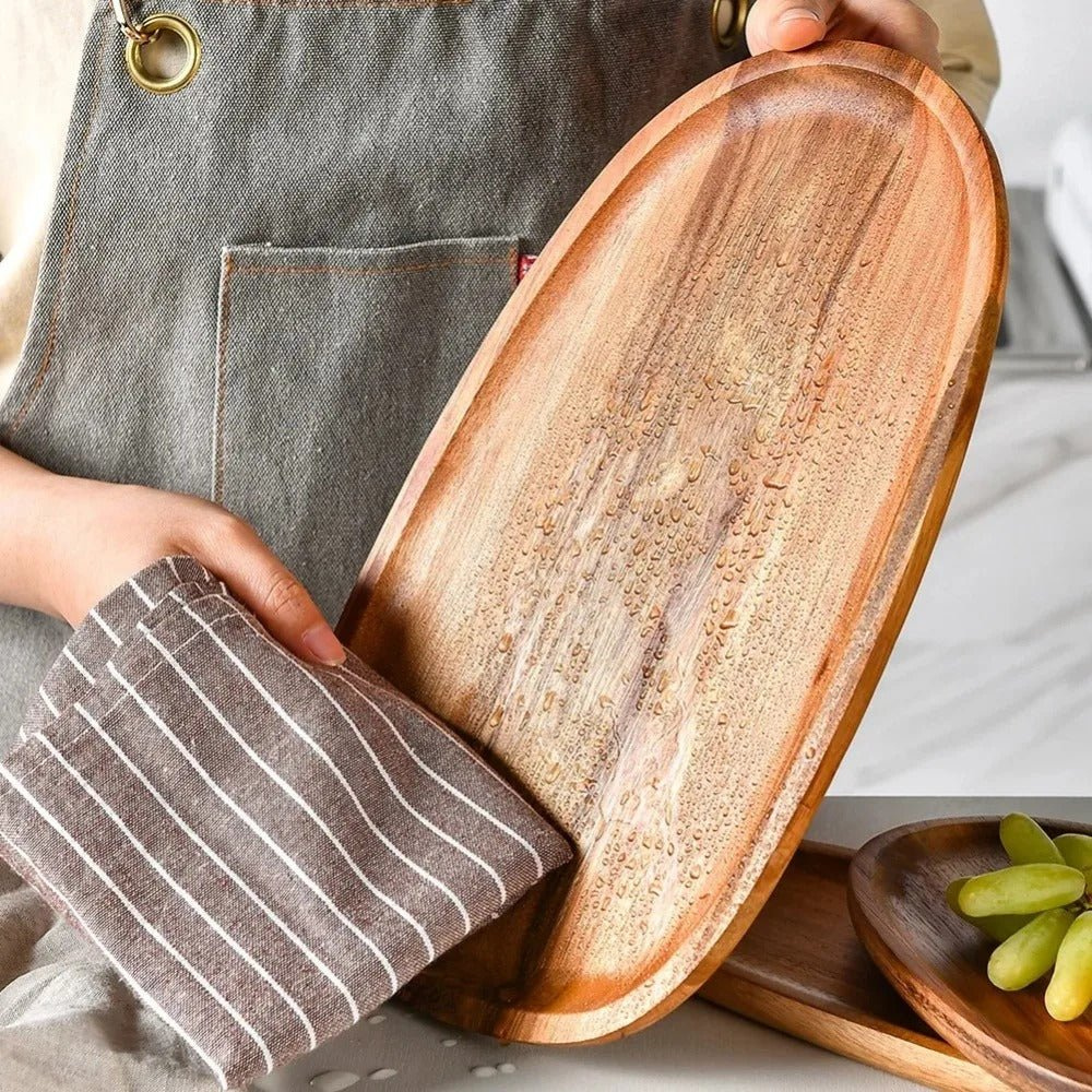 Acacia Wood Serving Tray - Raised Edge Wooden Tray
