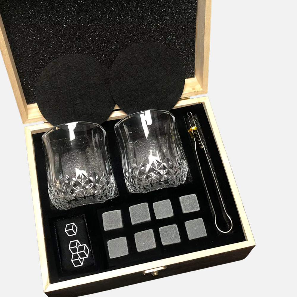 Whisky Glass Set With Granite Stones, Metal Tongs & Coasters - Gift Whiskey Glass Set