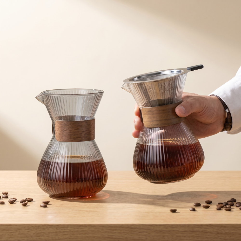 Pourover Coffee Brewer with Borosilicate Glass Carafe and Stainless Steel Filter
