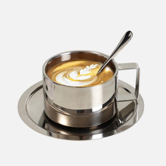 Stainless Steel Coffee Cup With Matching Saucer