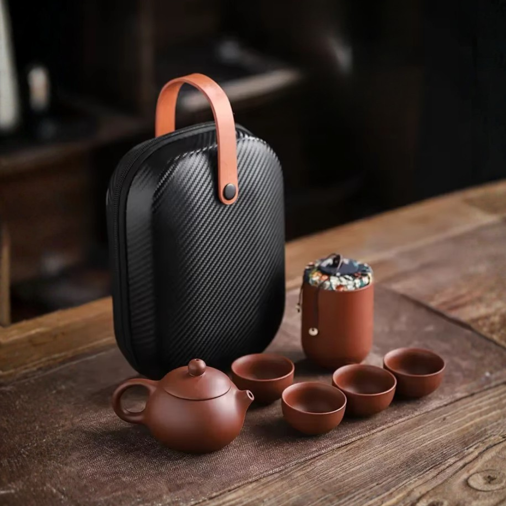 Clay Travel Tea Set With Portable Travel Case - 4 Cups, Tea Jar, Teapot