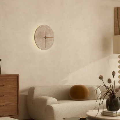 Modern Minimalist Wall Clock Travertine Natural Stone Backlit LED Sconce