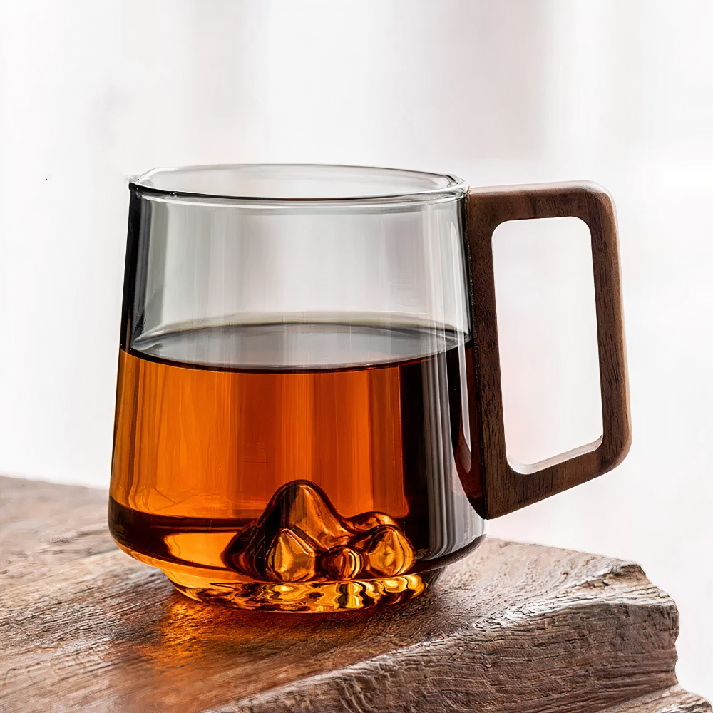 Shadow Glass Tea & Coffee Cup With Rustic Wooden Handle