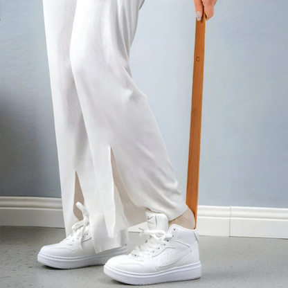 Long Handled Shoe Horn with Solid Wood Body and Magnetic Storage Mount