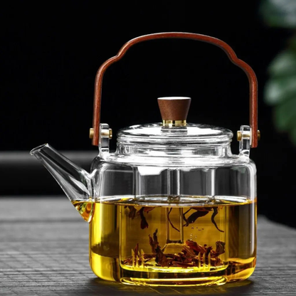 High Borosilicate Glass Brew Teapot Kettle With Wide Wooden Handle - Boiling Water Tea Infuser Kettle