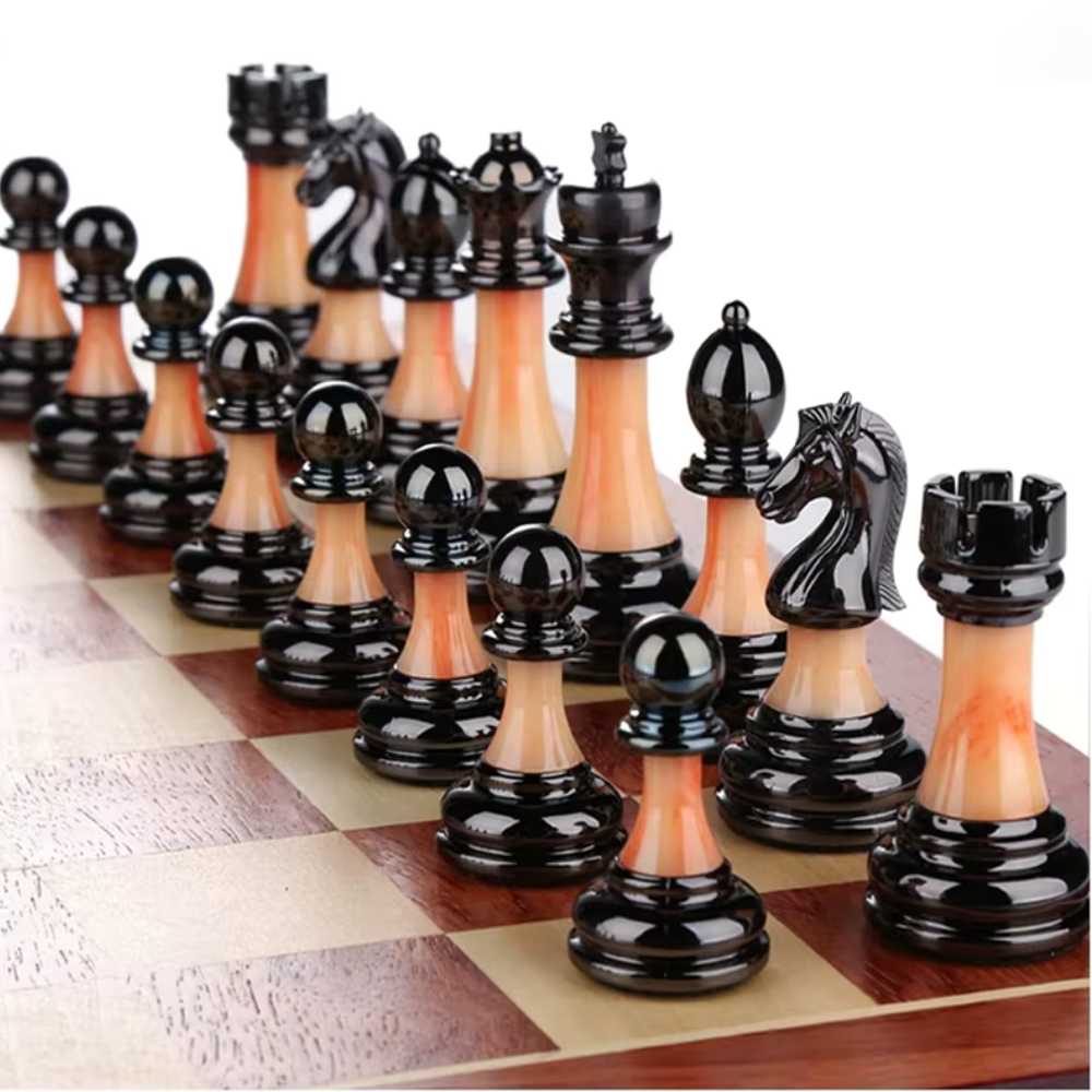 Wooden Chess Board - 45cm Large Foldable Set with Metal Pieces