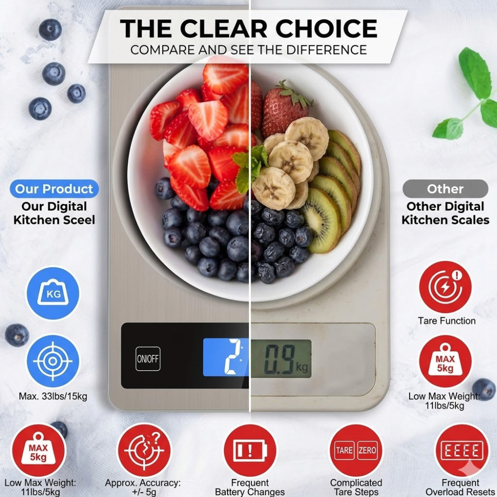 Digital Kitchen Scale 15kg High Capacity Rechargeable USB 1g Precision