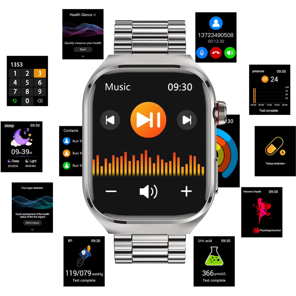 Mens Sports Smart Watch Blood Sugar, ECG, Uric Acid, Bluetooth, Fitness Tracking Watch