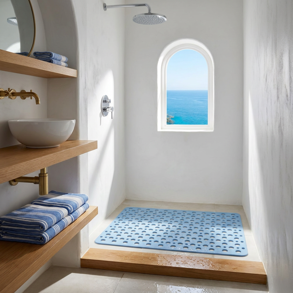 Blue non slip shower mat with drainage holes in a white shower with an arched sea view window