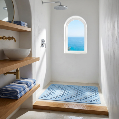 Blue non slip shower mat with drainage holes in a white shower with an arched sea view window