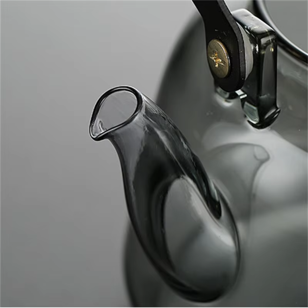 Gray Glass Filtration Teapot, Tea Kettle With Filter, Wooden Handle & Wooden Lid