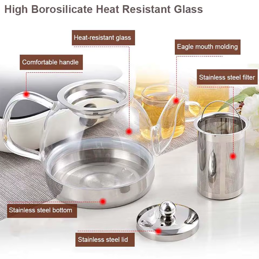 High Borosilicate Glass Teapot Stovetop Gas and Induction Cooker, Boiling Water Tea Kettle With Stainless Steel Filter