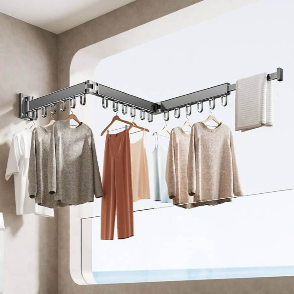 Clothes Drying Rack Wall Mounted Folding Space Aluminum Triple Arm Hanger