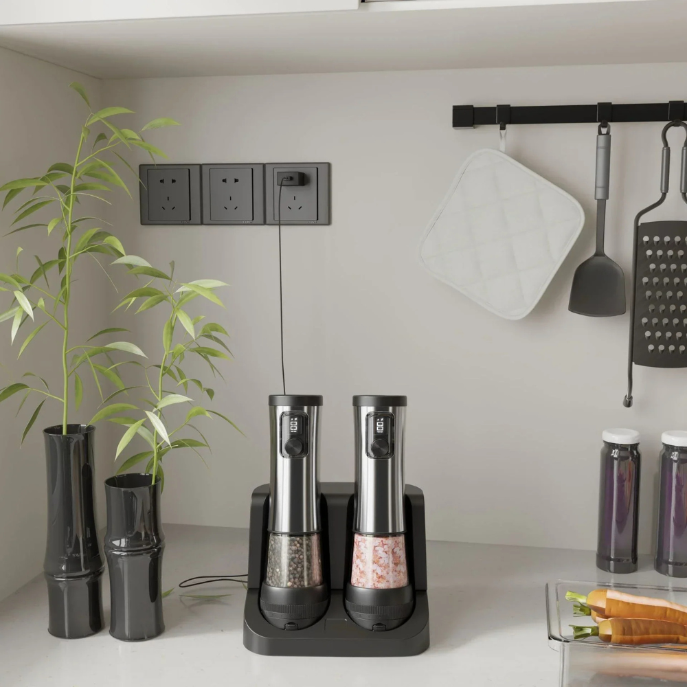 Salt & Pepper Shaker Set with Rechargeable Base and Adjustable Grind