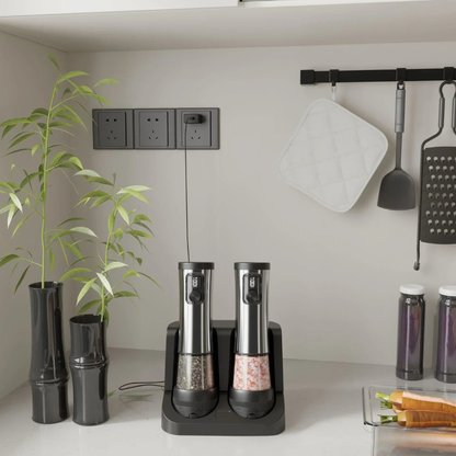Salt & Pepper Shaker Set with Rechargeable Base and Adjustable Grind