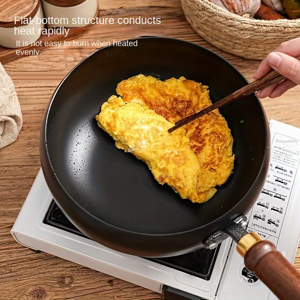 Refined Iron Big Pot Belly Uncoated Pan With Glass or Wooden Lid - Even Heat Frying Kitchen Cookware