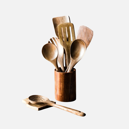 Kitchen Utensils with Holder - 9 Piece Teak Wood Cooking Spoon Set