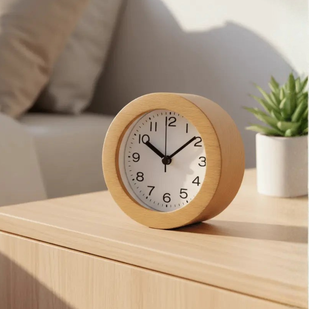 Analog Alarm Clock with Silent Quartz Movement and Solid Beech Wood Frame