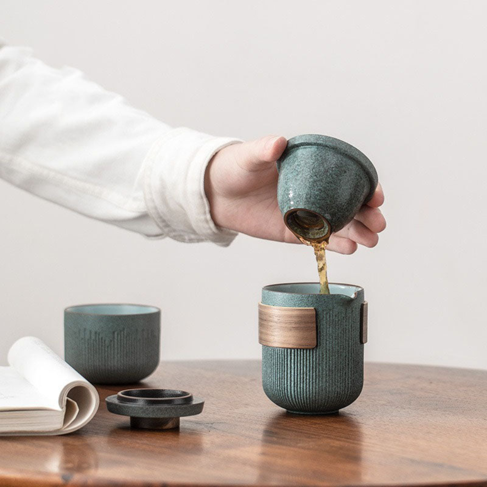 Portable Tea Set For Travel, Bluestone Glazed Style Set
