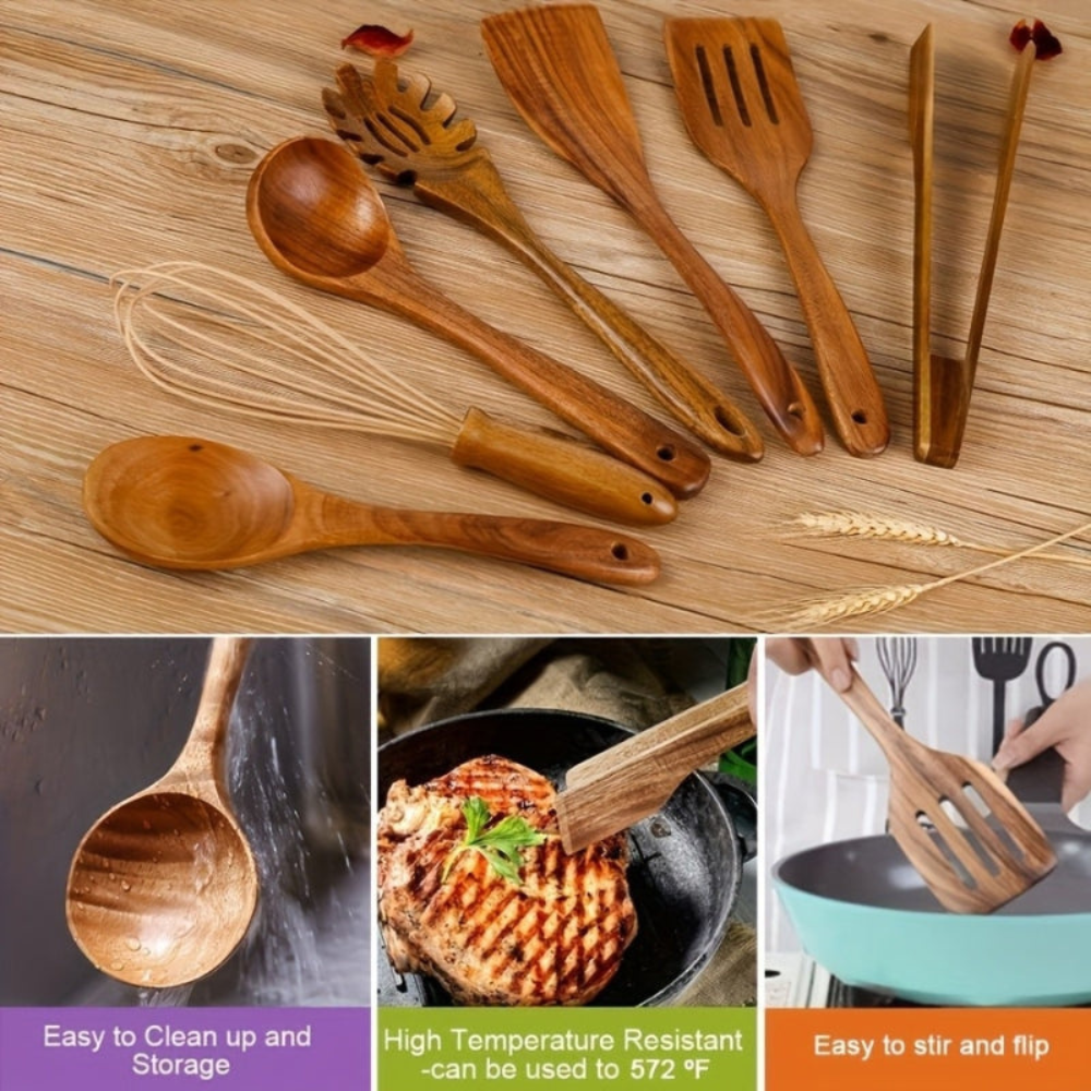 Wooden Utensil Kitchen Set, Complete Teak Set With 7pcs Or 10pcs