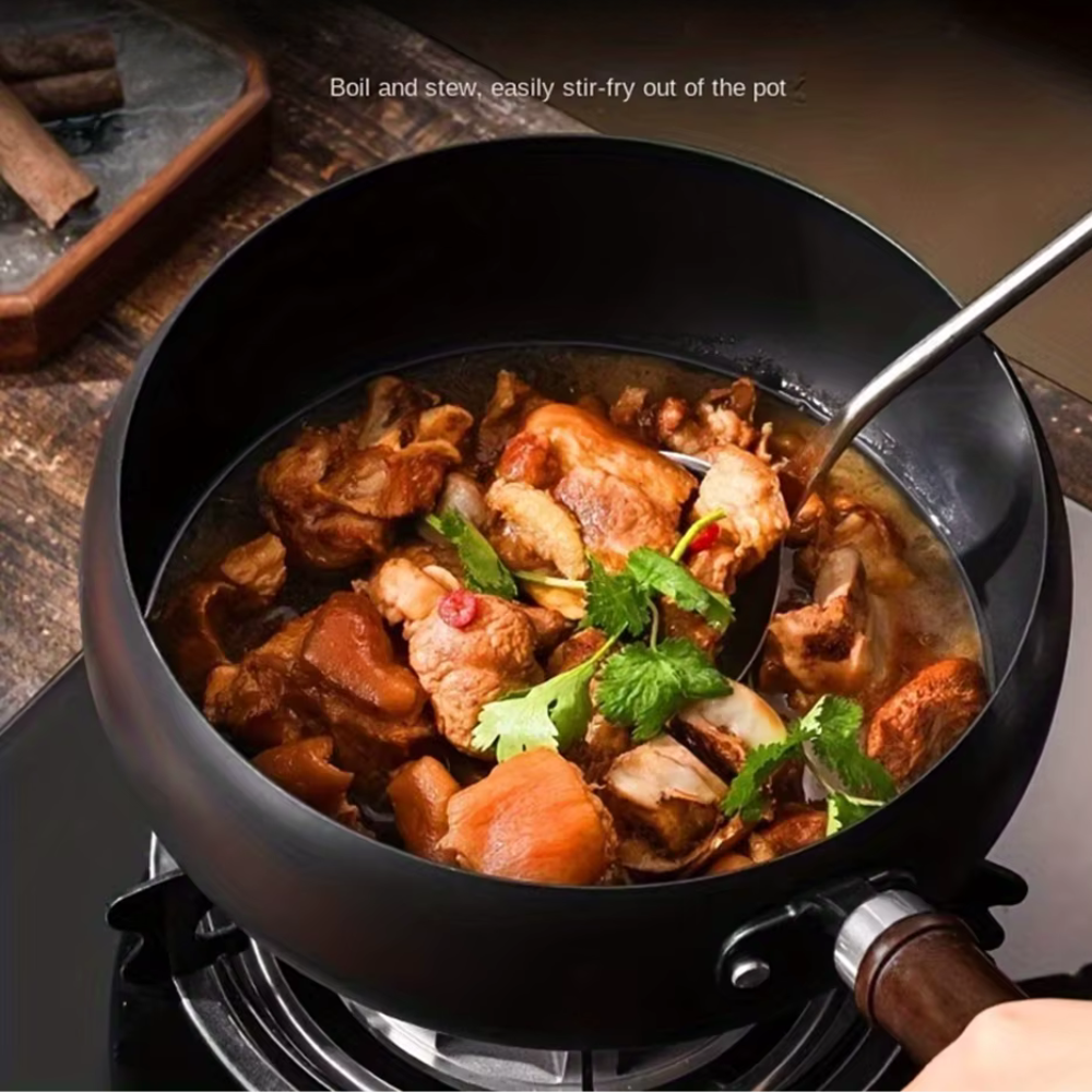 Refined Iron Big Pot Belly Uncoated Pan With Glass or Wooden Lid - Even Heat Frying Kitchen Cookware