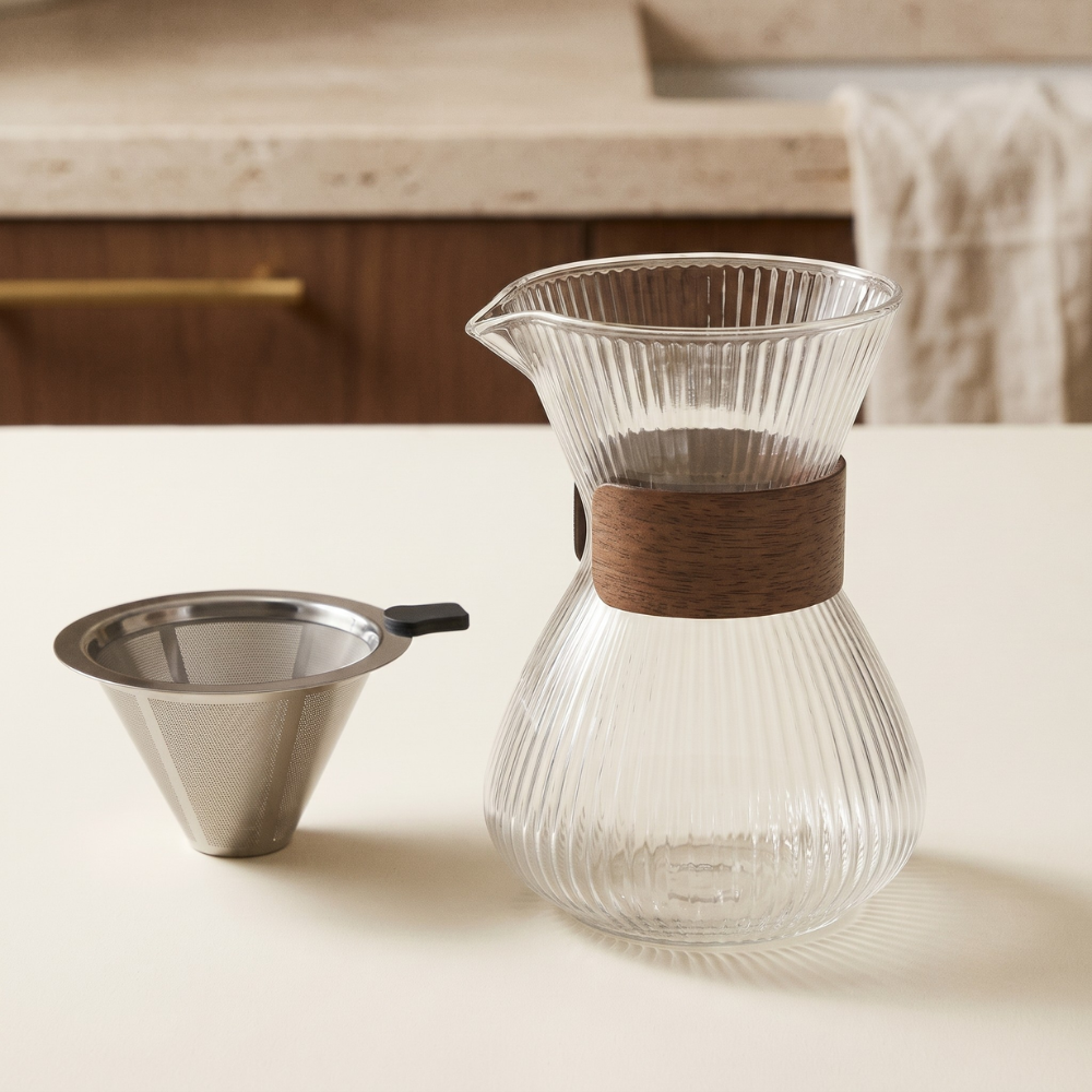 Pourover Coffee Brewer with Borosilicate Glass Carafe and Stainless Steel Filter