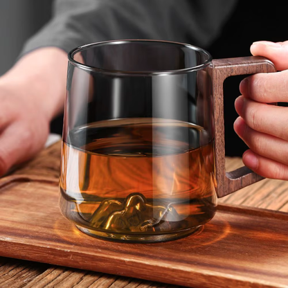 Shadow Glass Tea & Coffee Cup With Rustic Wooden Handle