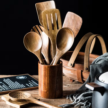 Kitchen Utensils with Holder - 9 Piece Teak Wood Cooking Spoon Set