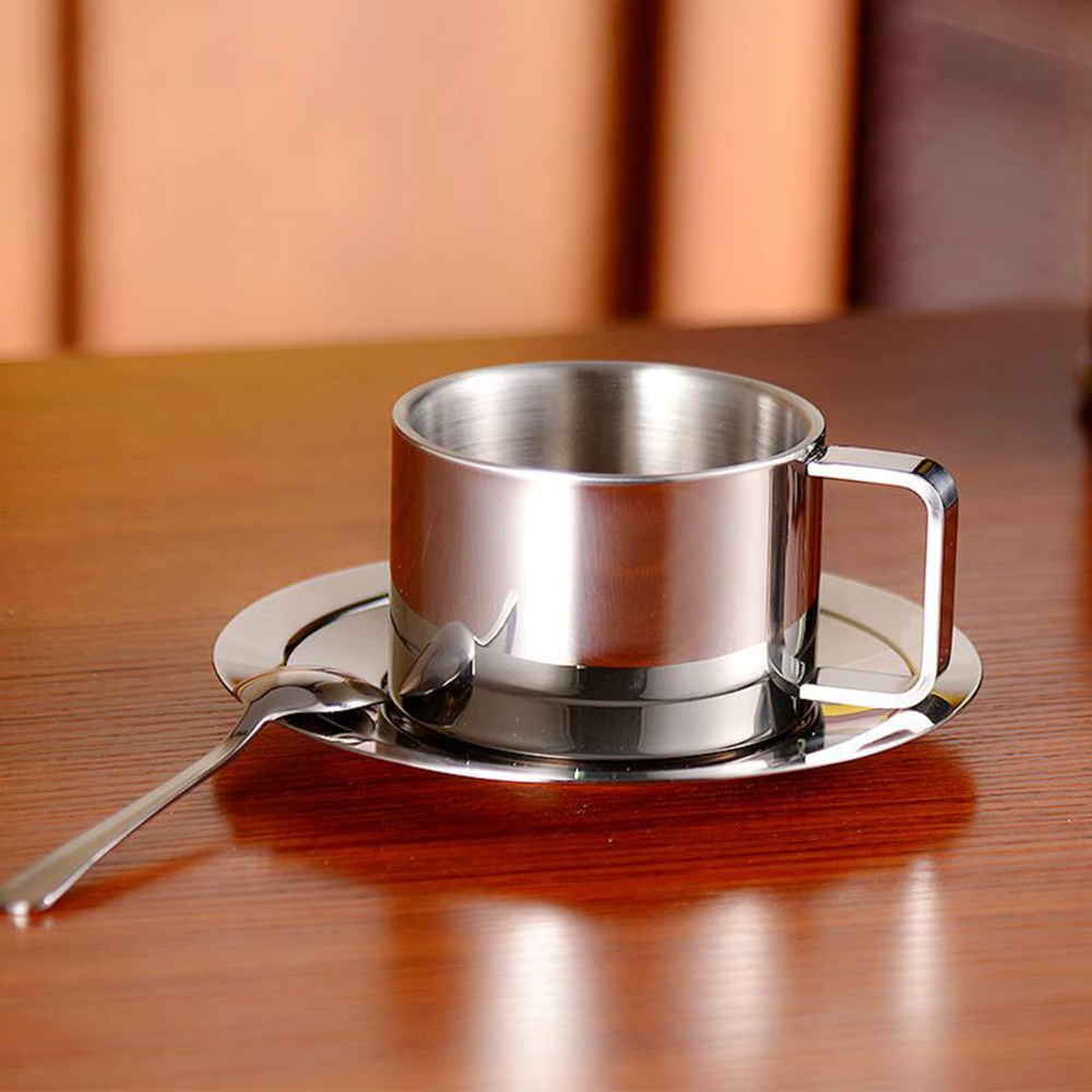 Stainless Steel Coffee Mug Set Double Wall Insulated Cup with Saucer and Spoon