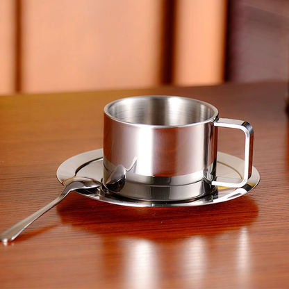 Stainless Steel Coffee Mug Set Double Wall Insulated Cup with Saucer and Spoon