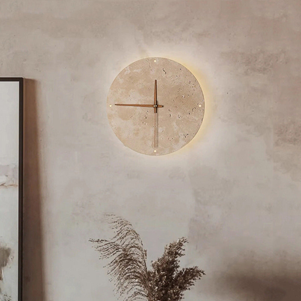 Modern Minimalist Wall Clock Travertine Natural Stone Backlit LED Sconce