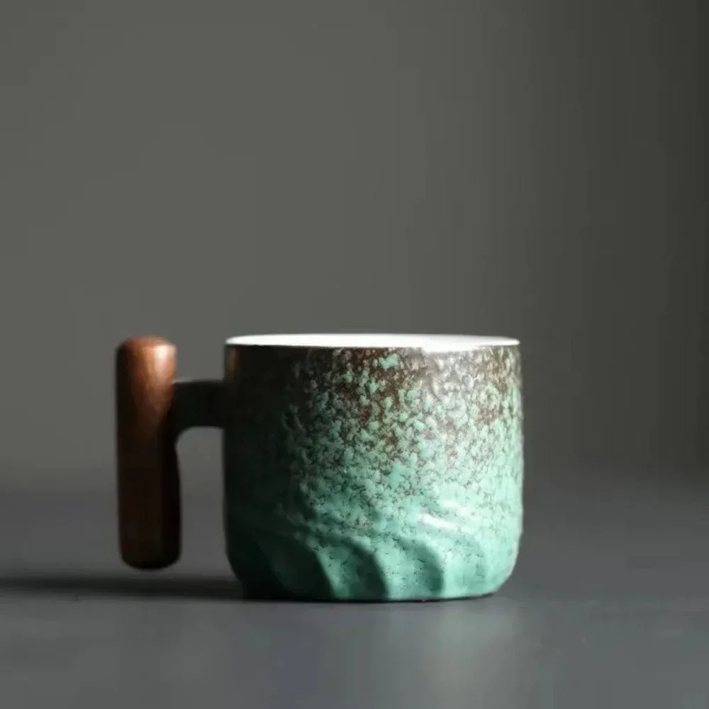 Retro Double Espresso Ceramic Cups with Wooden Handle
