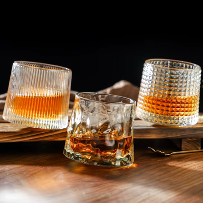 Spinning Whiskey Glass with Wooden Base - Three Glass Styles