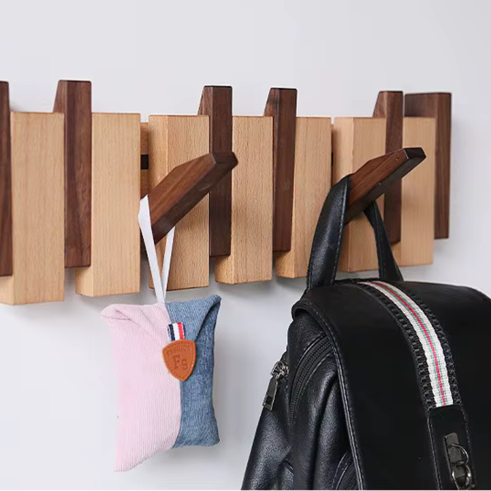 Wooden Folding Wall Coat & Hat Rack With Magnetic Hooks - Multiple Size Racks From 4 Hooks To 8 Hooks