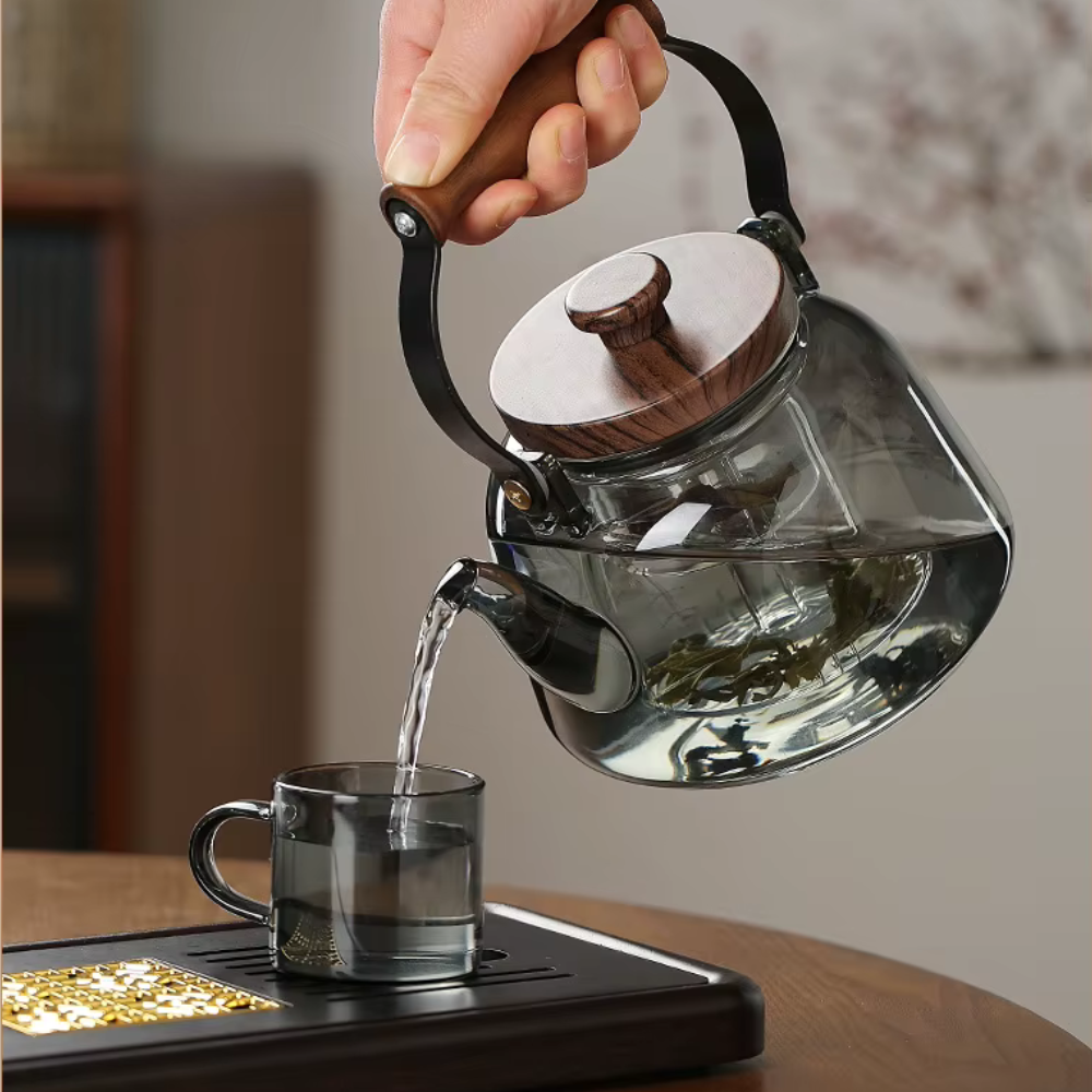 Gray Glass Filtration Teapot, Tea Kettle With Filter, Wooden Handle & Wooden Lid