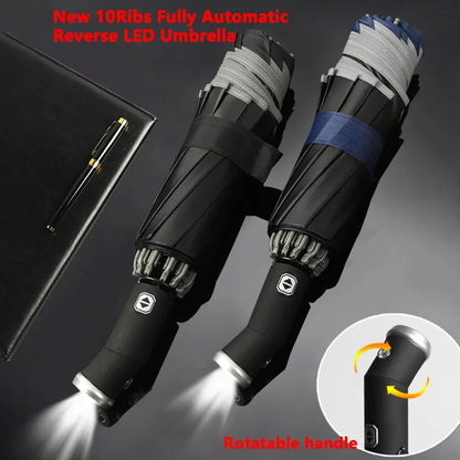 Foldable Umbrella with Automatic Button, Reverse Design and LED Flashlight